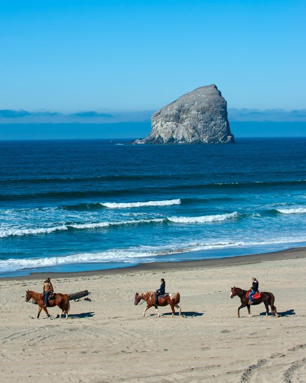 Three people on horseback in a line along the beach