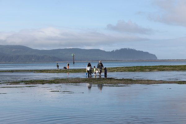 People walking on sand flats at low tide