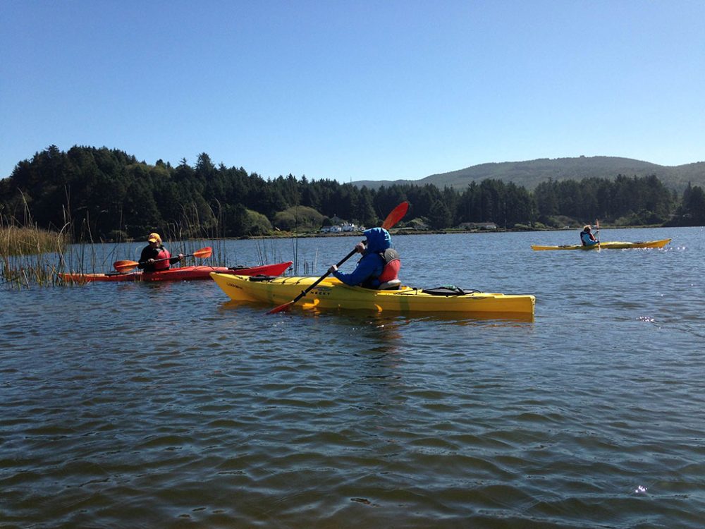 Three people in kayaks paddle in the lake