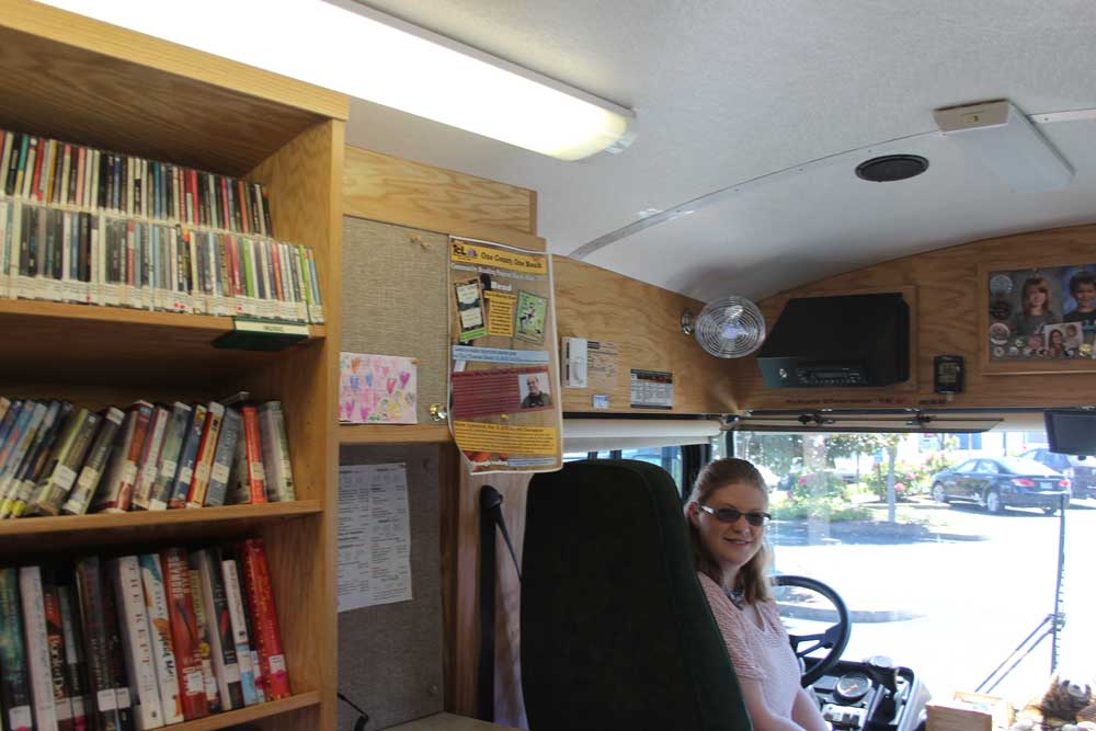 In the driver's seat of the Tillamook County Library Bookmobile