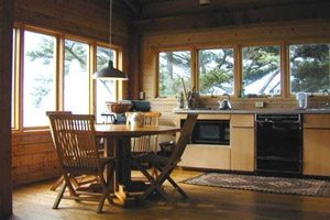 Kitchen with windows and wooden walls and floors