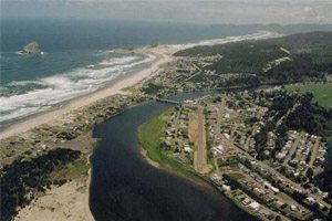 Aerial view of town and beach