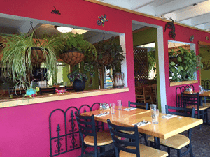 Hot pink building with seating and house plants