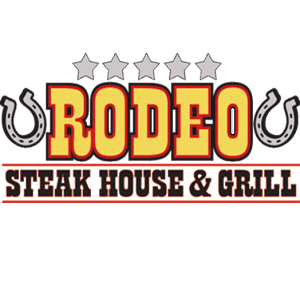 Rodeo Steak House & Grill logo: horseshoes and stars on either side of the words