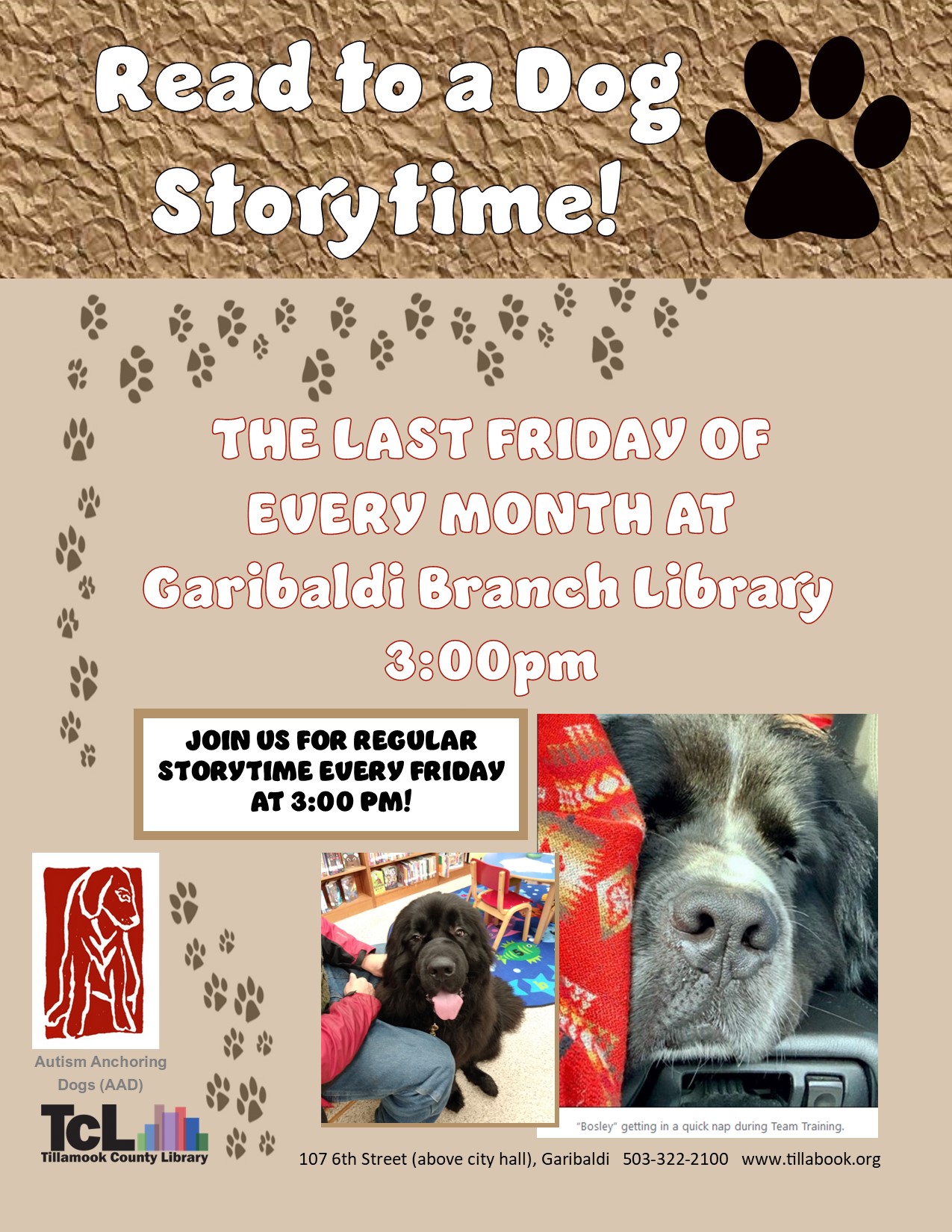 Monthly Read to a Dog regular storytimes flyer rvWpT1.tmp