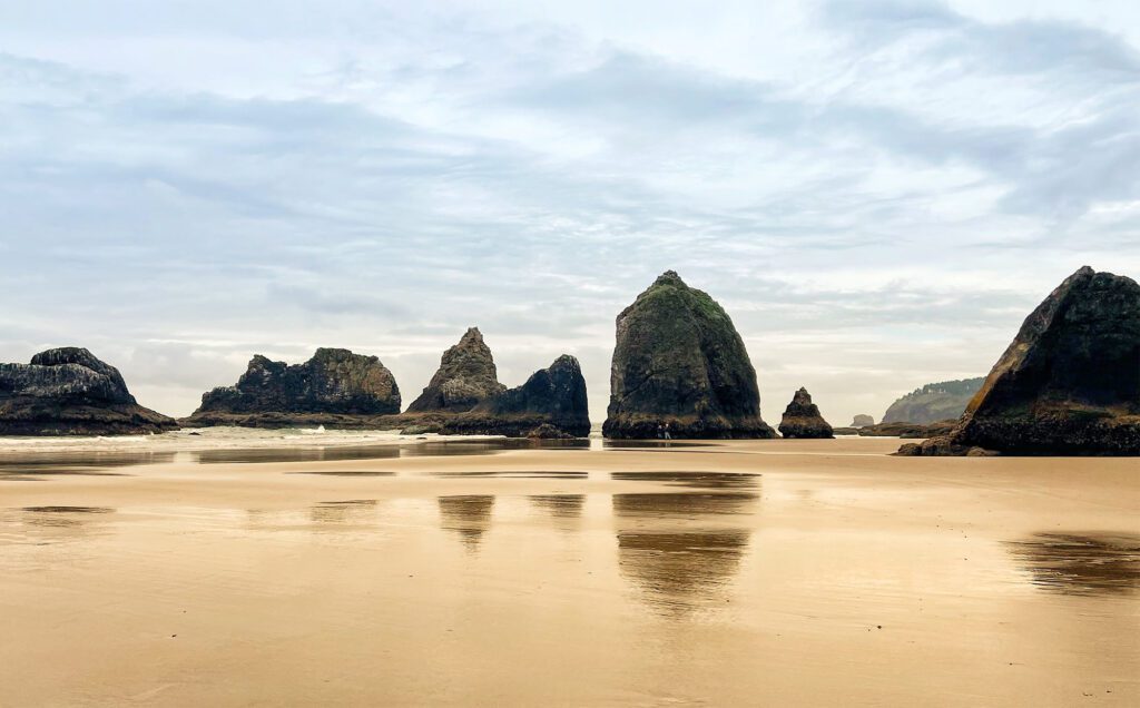 Oceanside day cloudy beach haystack rocks