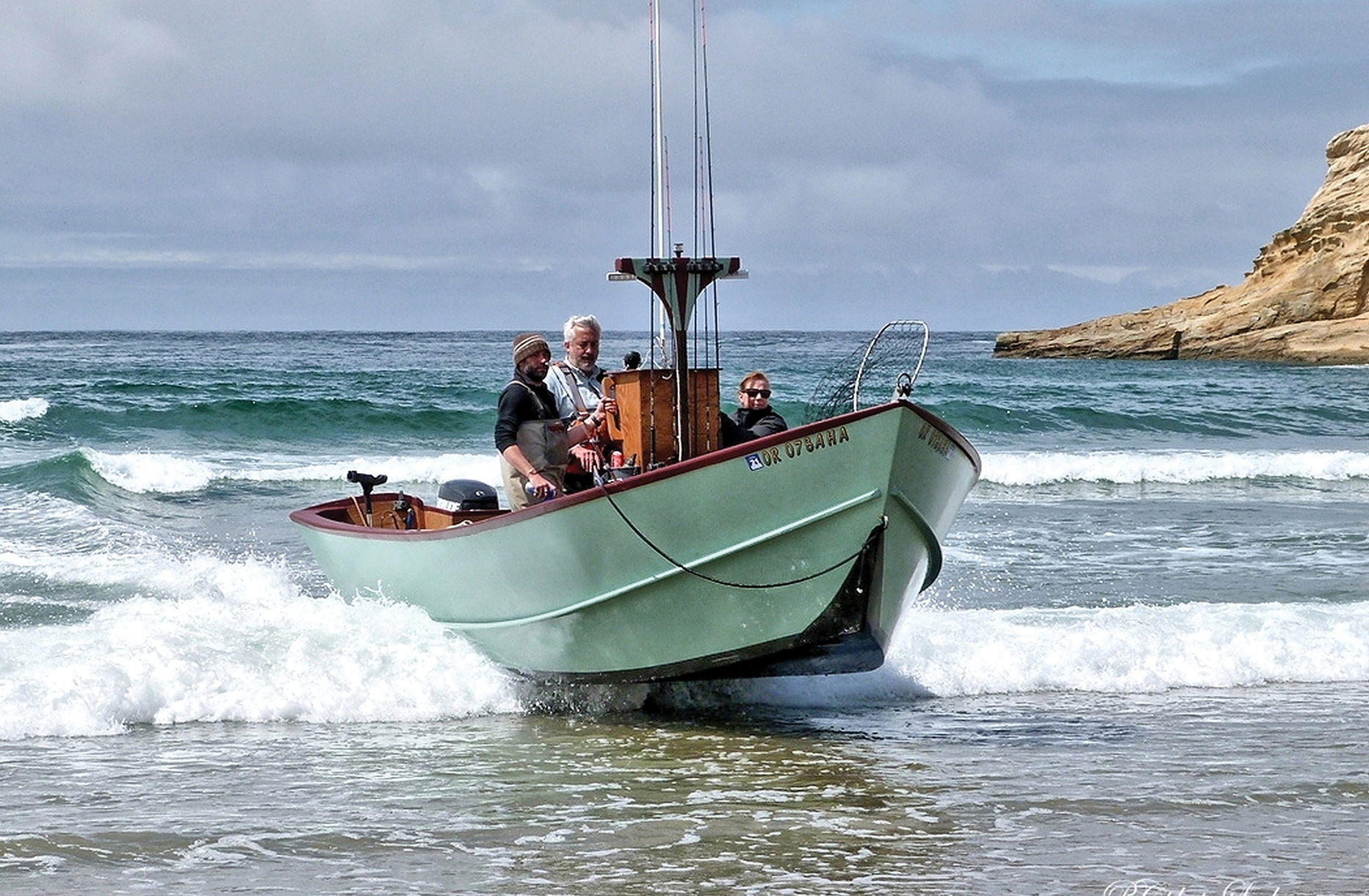 dory boat waves beach day